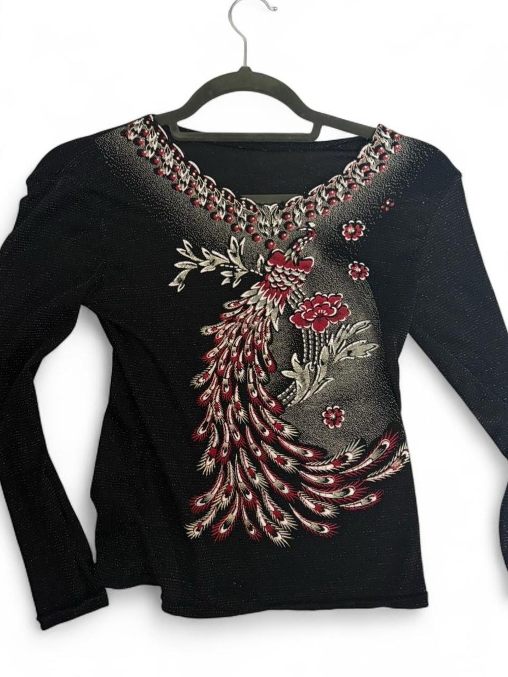 Women's Black Long-Sleeve Embellished Peacock Top - Red Floral Accent